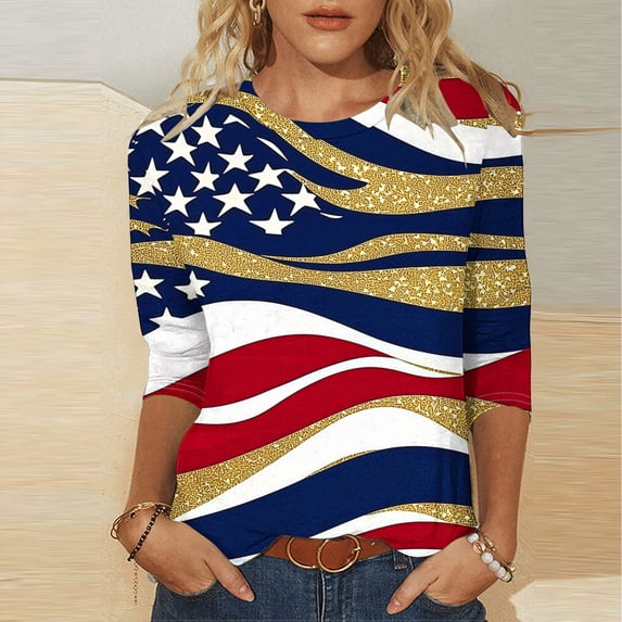 Eiyaclvo 4th of July Shirts for Women American Flag Red White and Blue Graphic Tees 3/4 Length Sleeve Women Tops Holiday Crew Neck Independence Day Patriotic T-Shirts