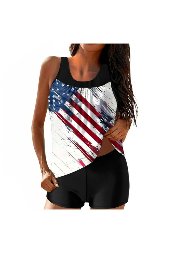 4th of July Tankini Swimsuits for Women 2 Piece Bathing Suits American Flag Print Tank Tops and Boyshorts Tummy Control Swimwear