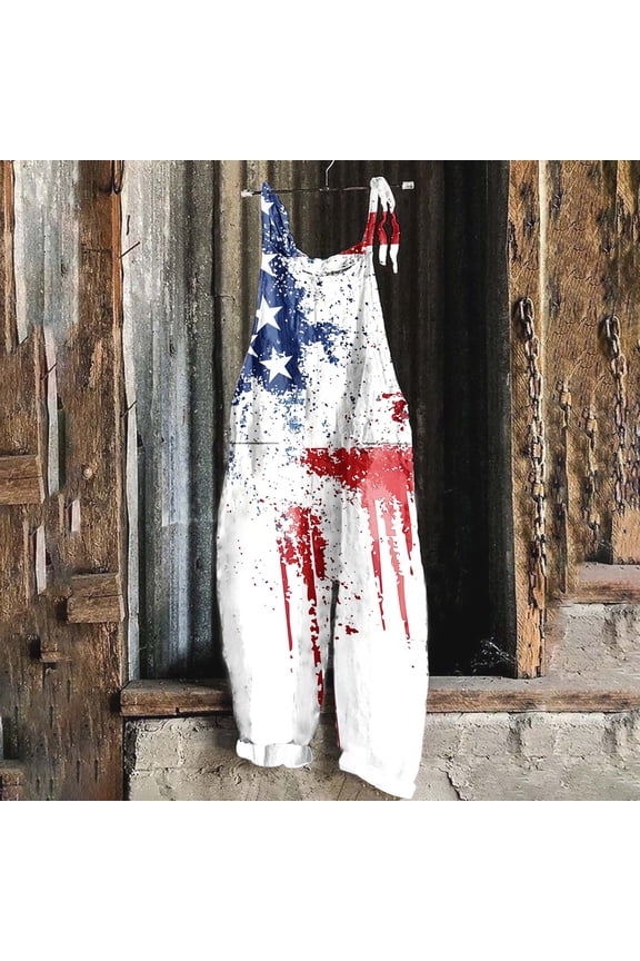 American Flag Overalls for Women Womens 4th of July Patriotic Star Striped Print Loose Harem Rompers Linen Adjustable Strap Sleeveless One Piece Jumpsuits with Pockets