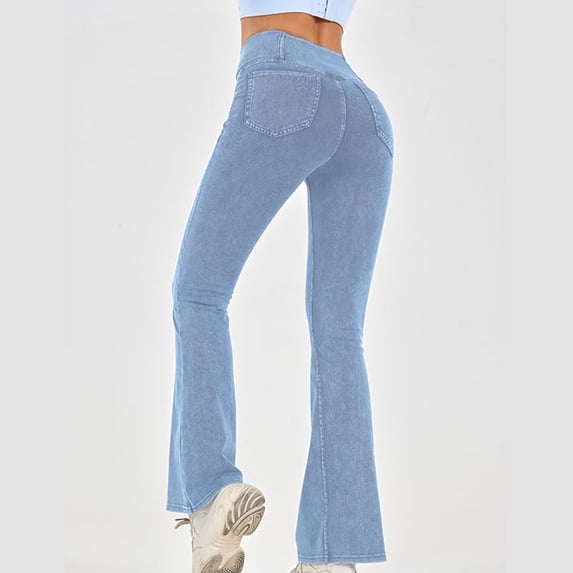 Eiyaclvo Bell Bottom Jeans for Women Crossover High Waisted Flare Jeans Bootcut Denim Pants Athletic Yoga Leggings with Pockets