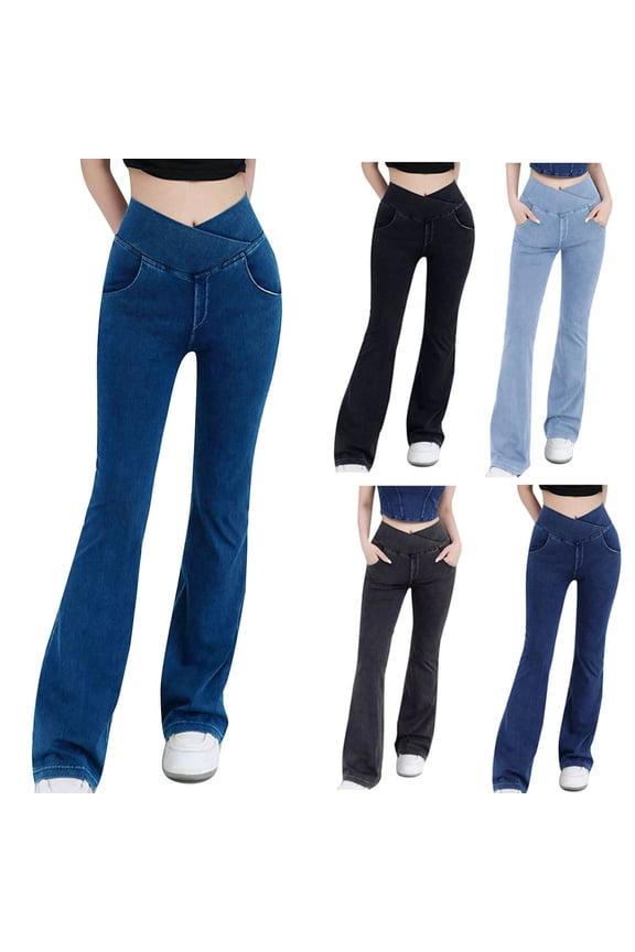 Bell Bottom Jeans for Women Crossover High Waisted Flare Jeans Bootcut Denim Pants Workout Yoga Leggings with Pockets