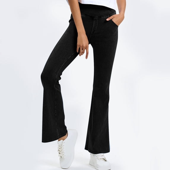 Eiyaclvo Bell Bottom Jeans for Women High Waisted Stretchy Flare Jeans Workout Athletic Trousers Tummy Control Boootcut Pants