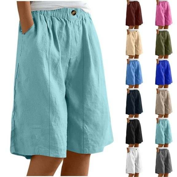 Eiyaclvo Bermuda Shorts for Womens Casual Elastic Waisted Knee Length Shorts Loose Fit Lounge Shorts Trendy Summer Beach Shorts with Pockets