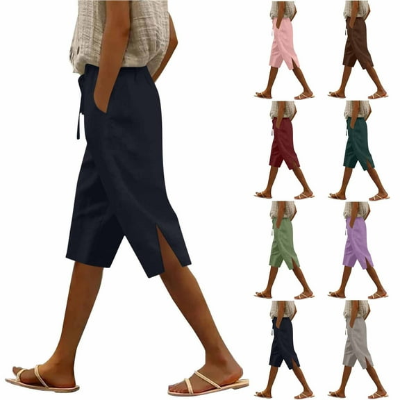 Eiyaclvo Bermuda Shorts for Womens Drawstring Elastic Waisted Knee Length Shorts Loose Fit Cotton Linen Shorts Trendy Summer Lounge Shorts
