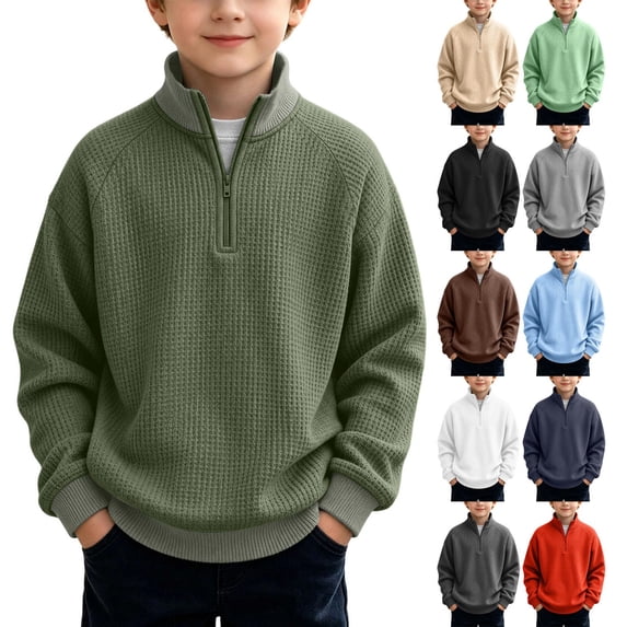 Eiyaclvo Boys Quarter Zip Pullover Waffle Knit Sweatshirt Oversized Long Sleeve Casual Zip Mock Neck Sweatshirts with Pocket 13 Years