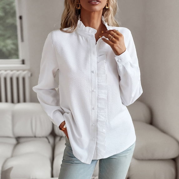Eiyaclvo Business Casual Tops for Women Ruffle Trim Long Sleeve Button Down Shirts Trendy Solid Color Stand Collar Blouses