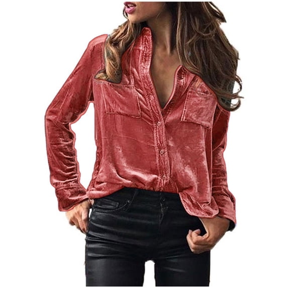 Eiyaclvo Button Down Shirts for Women Long Sleeve Velvet Tops Casual Solid Color Loose Fit T Shirts with Pockets Vintage Blouse Tops