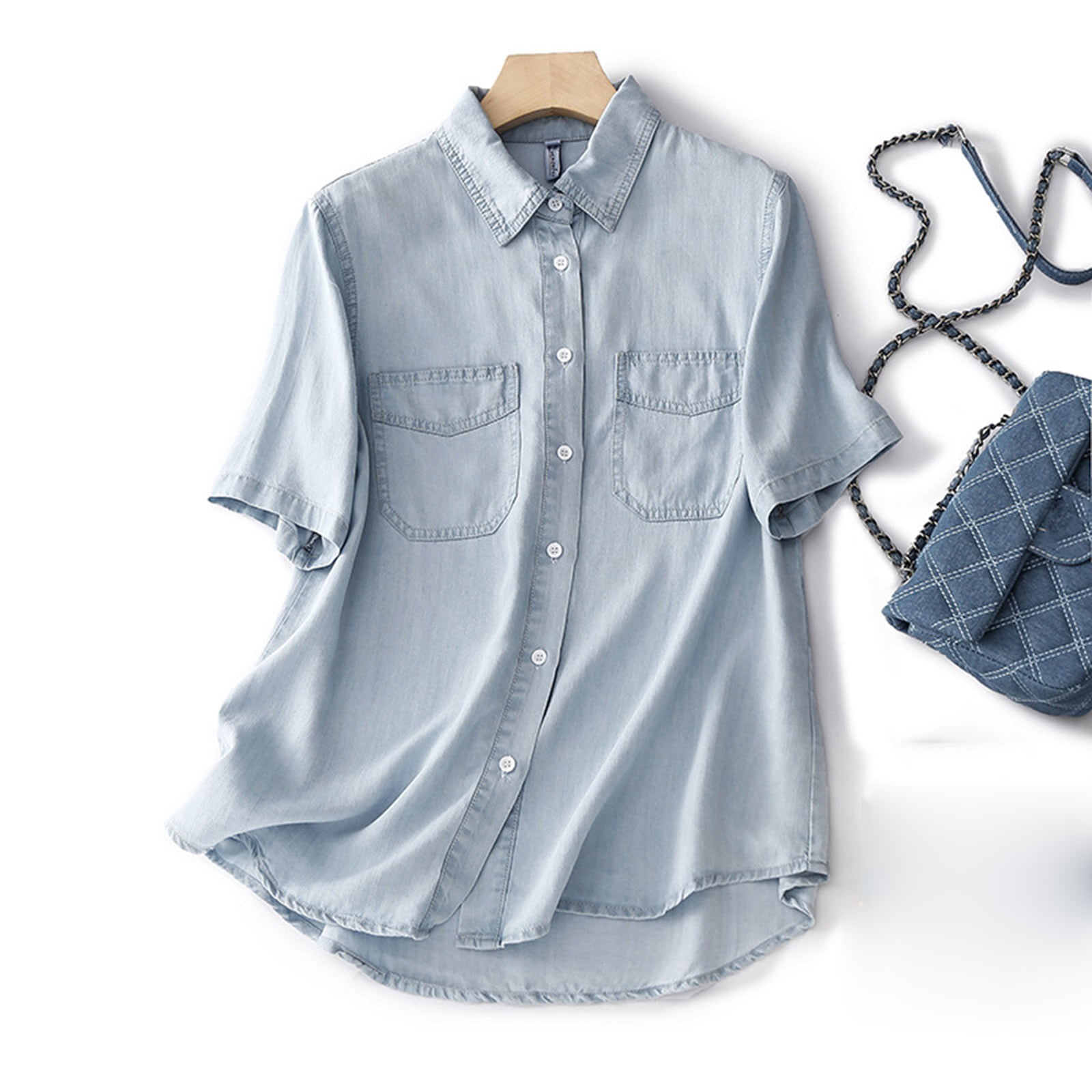 Eiyaclvo Button Down Shirts for Women Loose Fit Denim Tops Casual Short ...