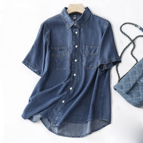 Eiyaclvo Button Down Shirts for Women Loose Fit Denim Tops Casual Short Sleeve Shirts Lapel Denim Shirts with Pockets