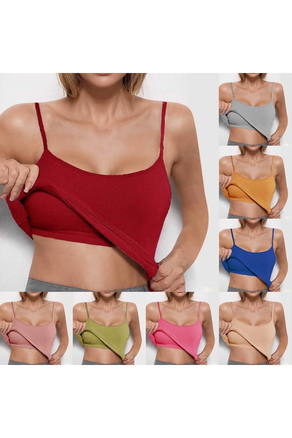 Camisole Tank Tops with Built in Bra for Women Summer Casual Spaghetti Strap Cami Shirts Ribbed Comfy Stretch Padded Shirt