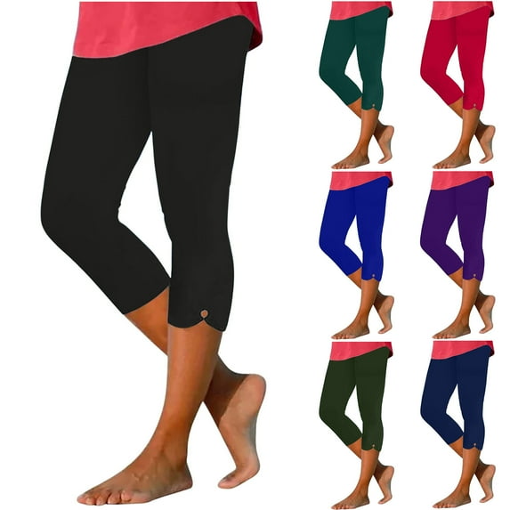 Eiyaclvo Capri Leggings for Women Summer Elastic Waist Capri Pants Petite Silm Fit Cotton Pants Beach Solid Color Stretch Capris Women's Capris Under 10