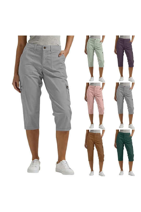 Cargo Capris for Women with 4 Pockets Button Zipper Closure Mid-Rise Summer Casual Capri Pants Hiking Outdoor Lightweight Chino Cargo Cropped Pants