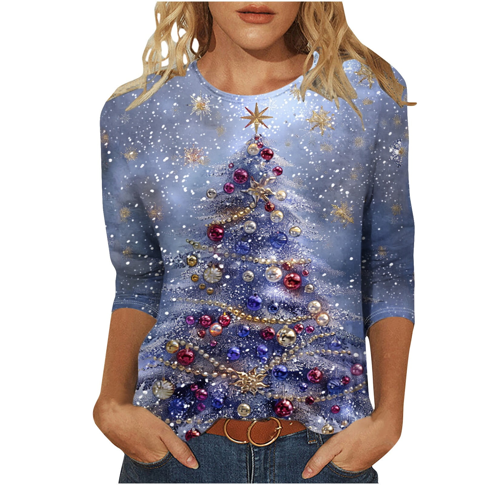 Women's Merry & Bright Christmas Tree Tee - Holiday Graphic T-Shirt, Casual Short Sleeve Top - View #6