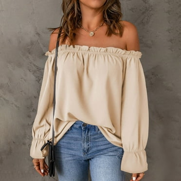 Eiyaclvo Cold Shoulder Tops for Women Trendy Long Puff Sleeve Solid Color Tshirts Ruffle Trim Pleated Loose Fit Tee Shirts Casual Loose Fit Clothes