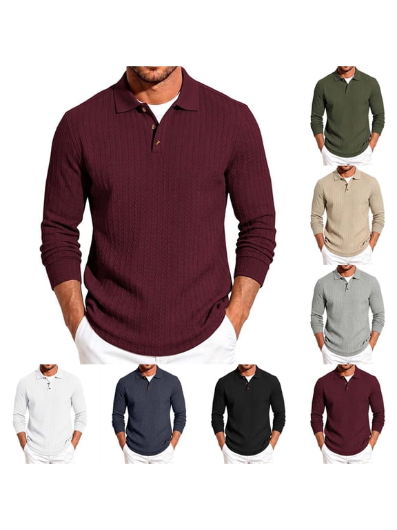 Collar Shirt Men Long Sleeve Texture T-Shirts Casual Button V Neck Collared Shirt Work Tops