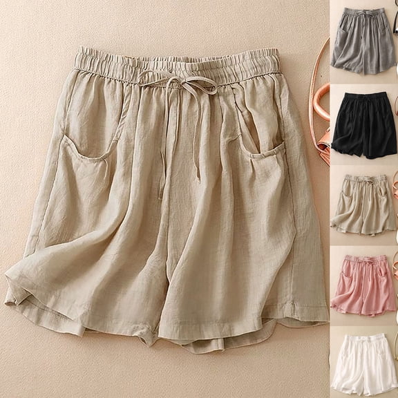 Eiyaclvo Cotton Linen Shorts for Women Drawstring Elastic Waisted Wide Leg Shorts Lounge Lightweight Summer Shorts with Pockets