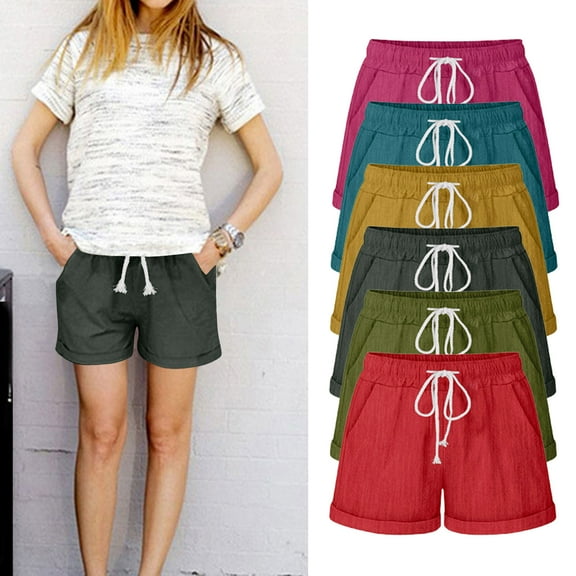 Eiyaclvo Cotton Linen Shorts for Women Elastic Waisted Wide Leg Shorts Lounge Lightweight Summer Beach Shorts with Pockets
