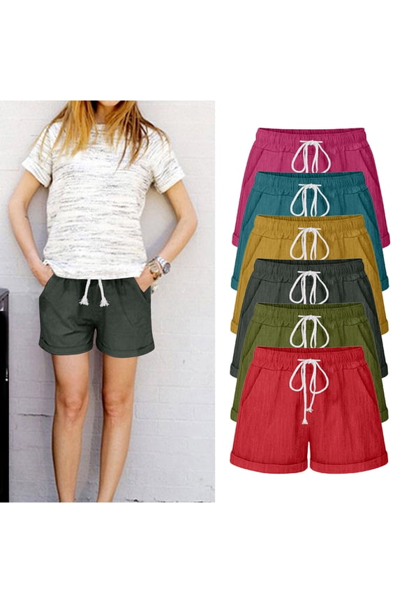 Cotton Linen Shorts for Women Elastic Waisted Wide Leg Shorts Lounge Lightweight Summer Beach Shorts with Pockets