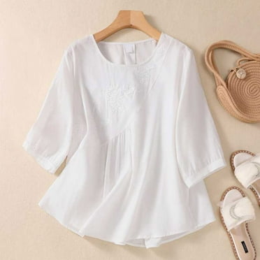 Eiyaclvo Cotton Linen Tops for Women 3/4 Sleeve Crew Neck Solid Color Tees Casual Loose Fit Clothes Comfy Lightweight T-Shirts