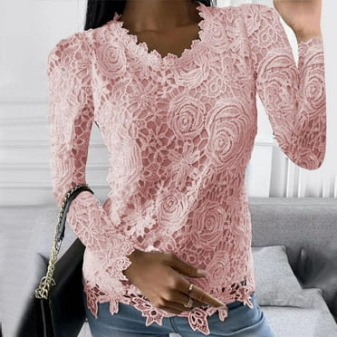 Eiyaclvo Crew Neck T Shirts for Women Fall 2024 Long Sleeve Lace Crew Neck Solid Color Tees Loose Fit Going Out Comfy Clothes
