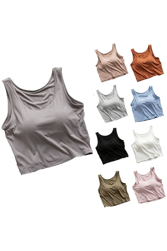 Cropped Tank Tops with Built in Bra for Women Summer Sleeveless Scoop Neck Camisole Tops Casual Basic Yoga Workout Tank Top