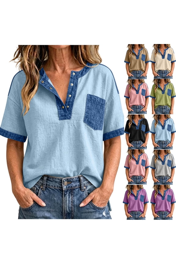 Denim Patchwork Shirts for Women Vintage Color Block Summer Short Sleeve V Neck Snap Button Henley Blouse Loose Fit Cotton Tunic Tops with Chest Pocket Khaki S