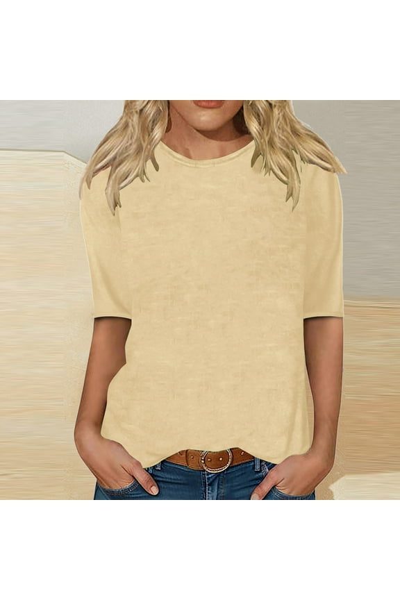 Elbow Length Tops for Women 2025 Fall Solid Color Crew Neck T-Shirts Soft Loose Fit Shirts Half Sleeve Tops for Women
