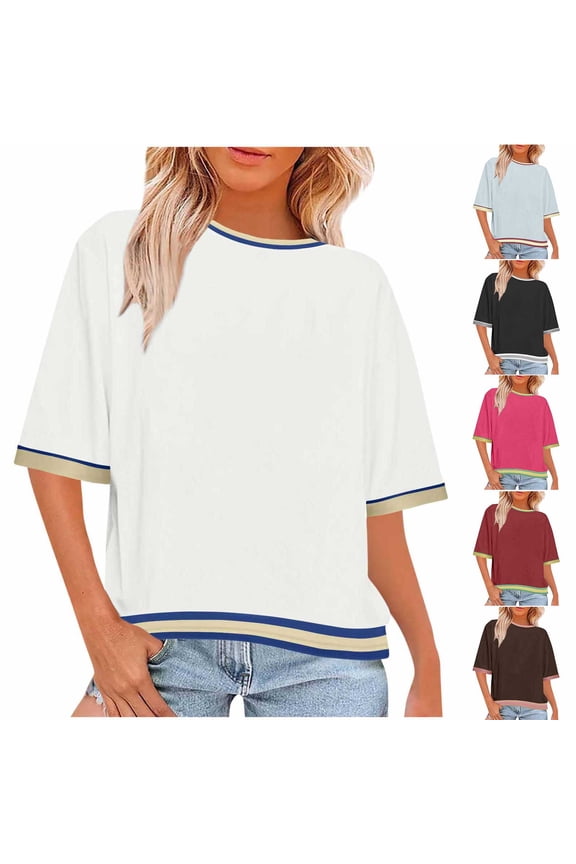 Elbow Sleeve Shirts for Women Loose Fit Crew Neck T Shirts Casual Half Sleeve Tops Trendy Color Black Blouse Dressy Casual Shirt