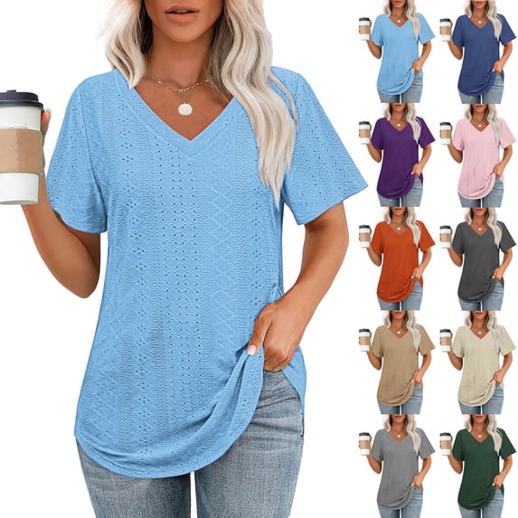 Eiyaclvo Eyelet Shirts for Women Short Sleeve V Neck Blouse Loose Fit ...