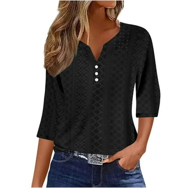 Eiyaclvo Eyelet Tops for Women Fall Trendy 3/4 Sleeve Button V Neck Henley Shirts Casual Solid Color Basic Blouses Tops 2024