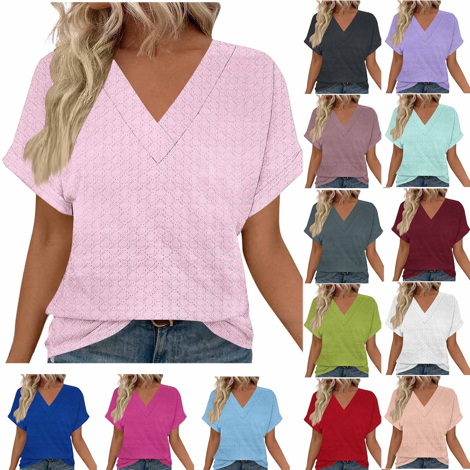 Eiyaclvo Eyelet Tops for Women Summer V Neck Short Sleeve T Shirts ...