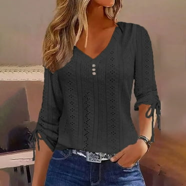 Eiyaclvo Eyelet Tops for Women Trendy Long Sleeve Button V Neck Tee Shirts Solid Color T-Shirts Comfy Tees Lightweight Going Out Clothes