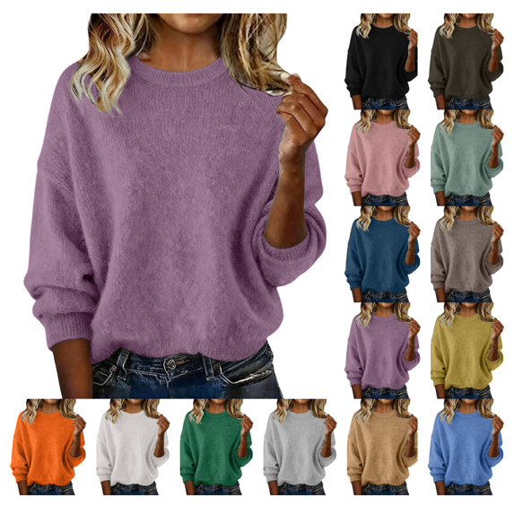 Eiyaclvo Fall Sweaters for Women Long Sleeve Crew Neck Oversized Sweater Casual Warm Soft Pullover Top Women's Knit Sweaters