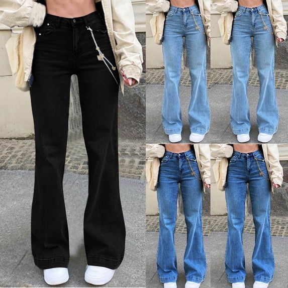 Eiyaclvo Flare Jeans for Women Mid Waist Stretch Bell Bottom Denim Pants Wide Leg Y2K Streetwear Bootcut Trousers with Pockets