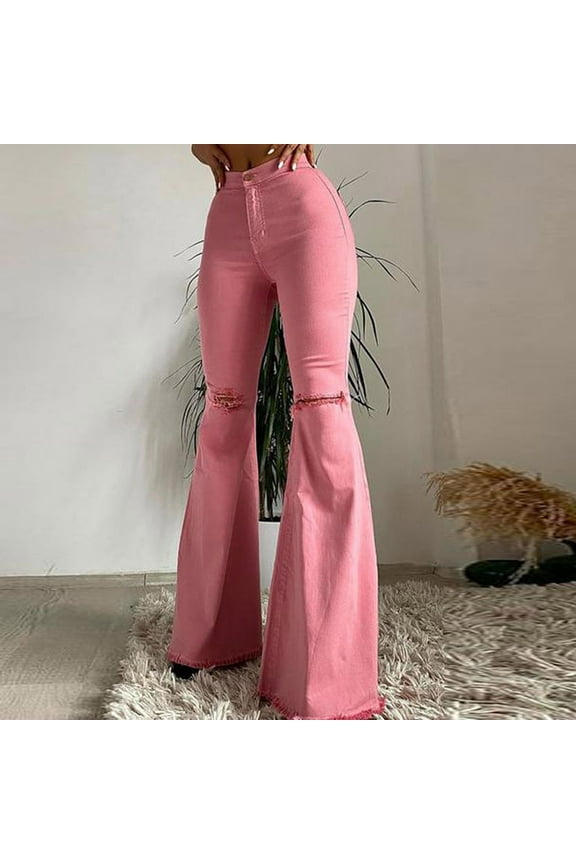 Flare Jeans for Women Y2k Ripped Hole Bootcut Jeans Vintage High Waited Bell Bottoms Denim Pants Casual Streetwear Trousers