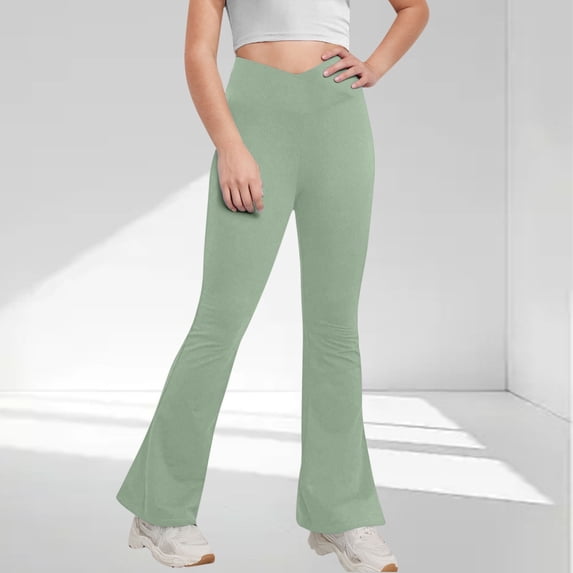 Eiyaclvo Flare Leggings for Girls Crossover Waist Stretchy Bell Bottom Pants Kids School Uniform Yoga Pant with Pockets