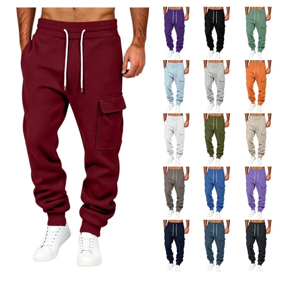Eiyaclvo Fleece Cargo Sweatpants for Men Baggy Drawstring Elastic Waist Casual Tapered Workout Joggers Pants Running Gym Hiking Travel Pants with Multi Pockets