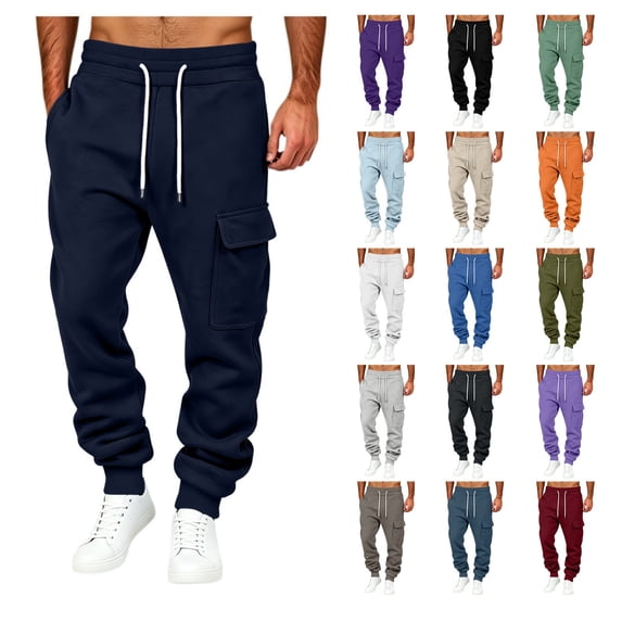Eiyaclvo Fleece Cargo Sweatpants for Men Baggy Drawstring Elastic Waist Casual Tapered Workout Joggers Pants Running Gym Hiking Travel Pants with Multi Pockets