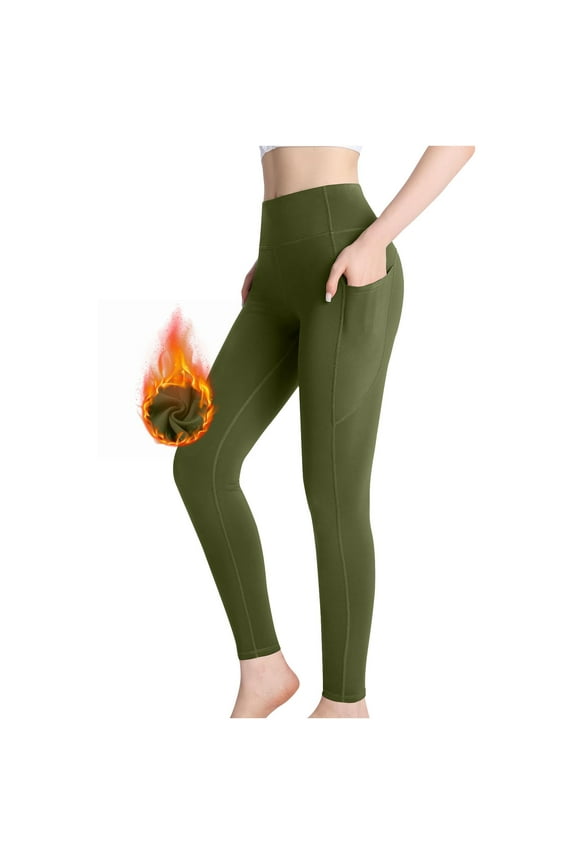 Fleece Lined Leggings Women with Pockets Warm Thermal Thick Tights High Waisted Yoga Pants Slim Fit Solid Workout Leggings with Pockets