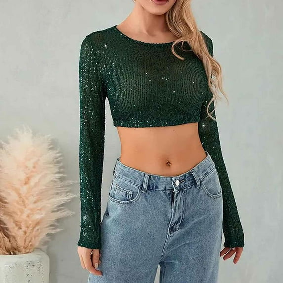 Eiyaclvo Glitter Tops for Women Sequin Crop Top Long Sleeve Crew Neck Solid Color Shirts Slim Fit Tees Sparkle Crop Top for Concert Party