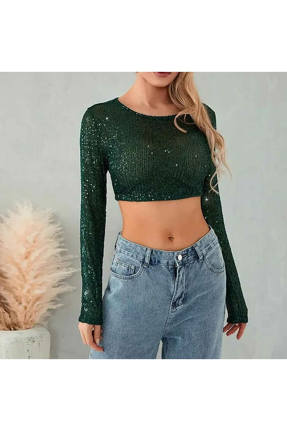 Glitter Tops for Women Sequin Crop Top Long Sleeve Crew Neck Solid Color Shirts Slim Fit Tees Sparkle Crop Top for Concert Party