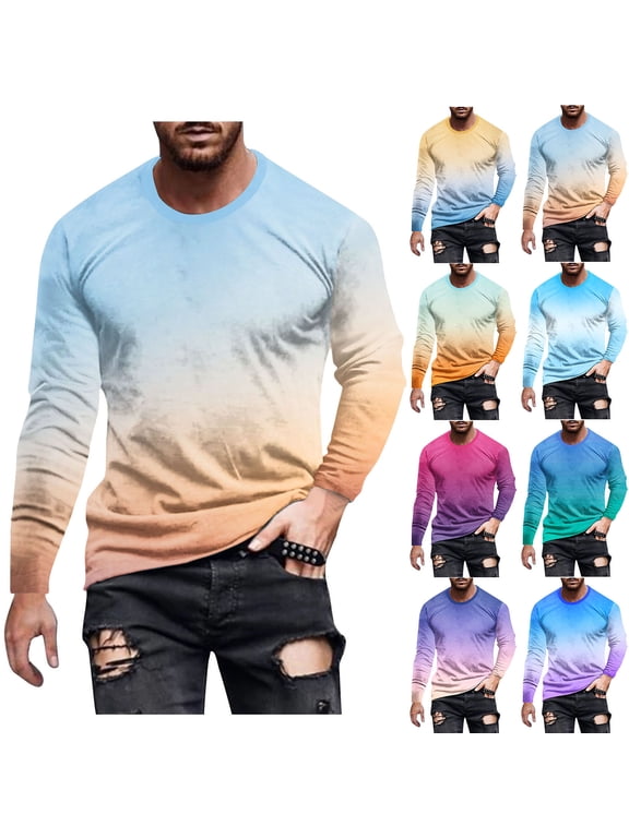 Gradient Long Sleeve T-Shirts for Men Fall Casual Crew Neck Lightweight Athletic Workout Tops