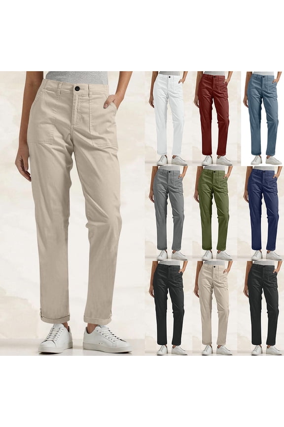 Hiking Pants for Women with Pockets Button Zipper Cargo Pants Chino Khaki Trousers Straight Leg Casual Work Pant