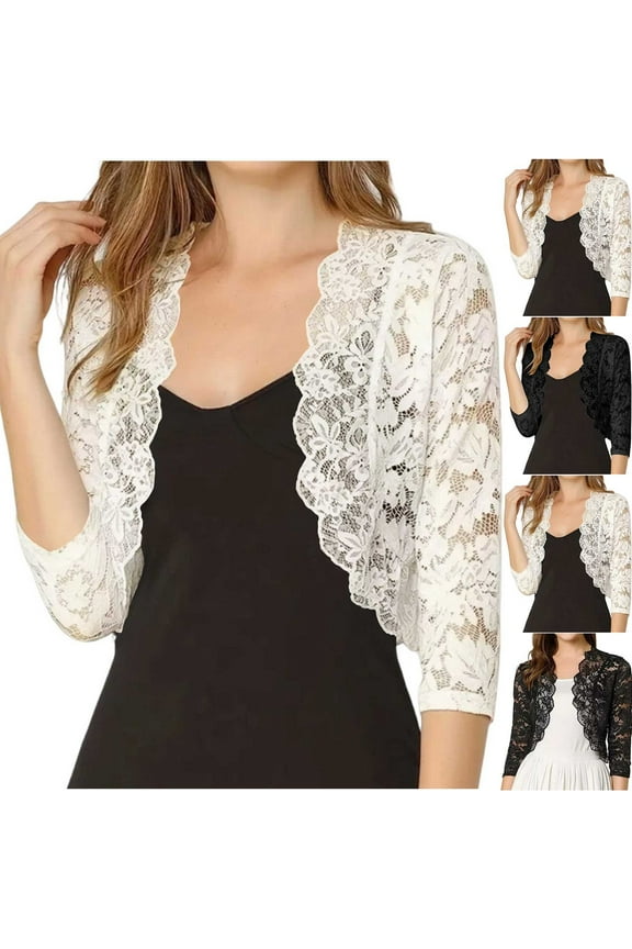 Lace Bolero Shrug for Women 3/4 Sleeve Cropped Cardigan Lightweight Open Front Hollow Out Lace Shrug for Dresses