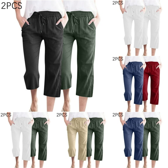 Eiyaclvo Linen Capri Pants for Women Drawstring Elastic Waisted Lounge Pants Loose Comfy Cropped Trousers Casual Summer Beach Pant with Pockets