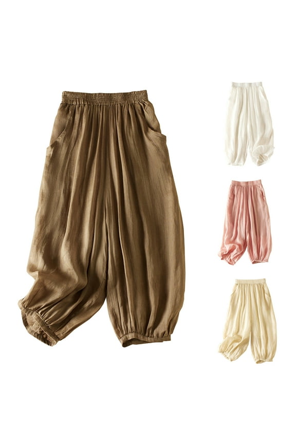 Linen Capri Pants for Women Elastic Waisted Harem Pants Loose Comfy Cropped Trousers Lounge Summer Beach Pant with Pockets