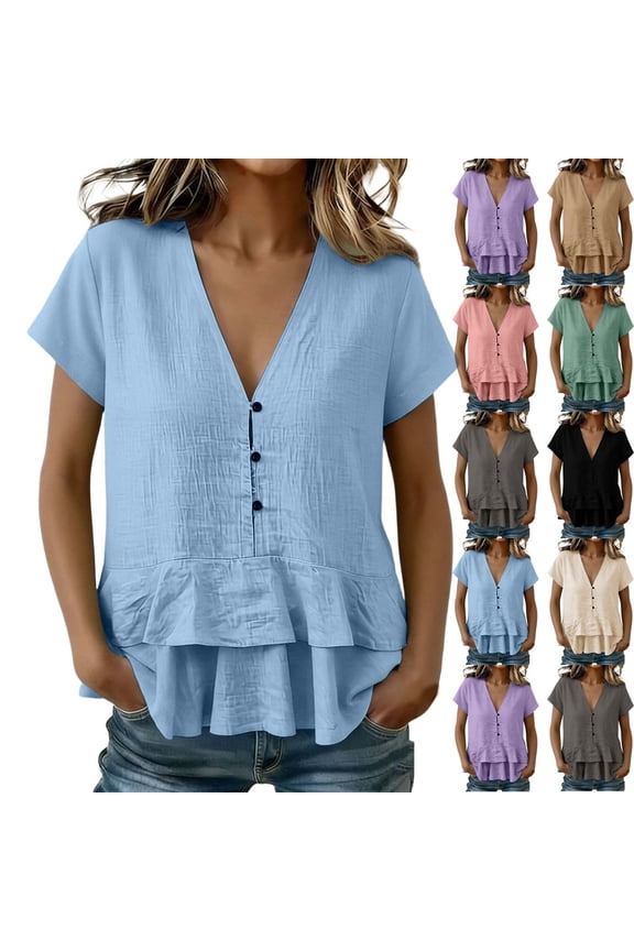 Linen Tops for Women V Neck Button Short Sleeve Peplum Shirts Flowy Loose Fit Double Ruffle Hem Babydoll Top