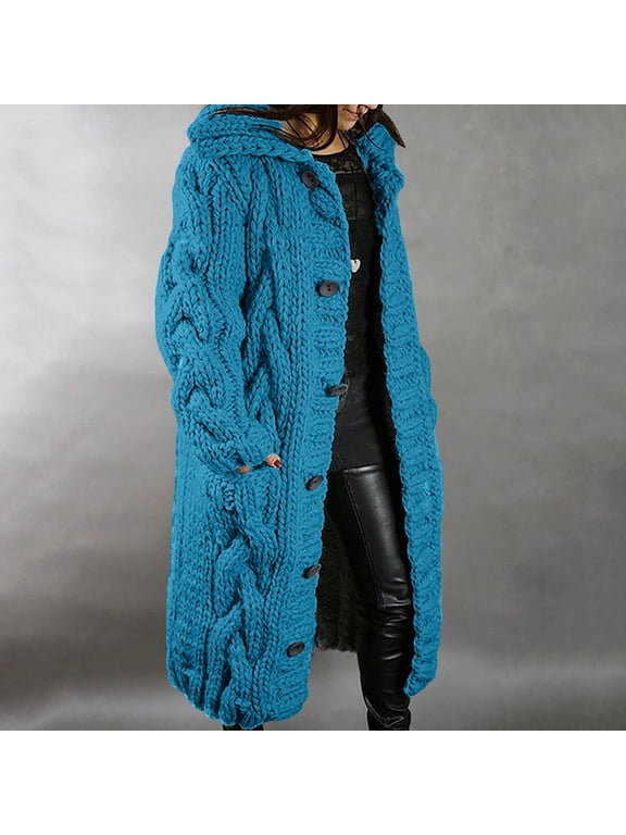 Long Cable Knit Cardigan Sweater for Women Winter Coat Open Front Long Sleeve Collar Button Up Sweaters Warm Thick Outerwear with Pockets