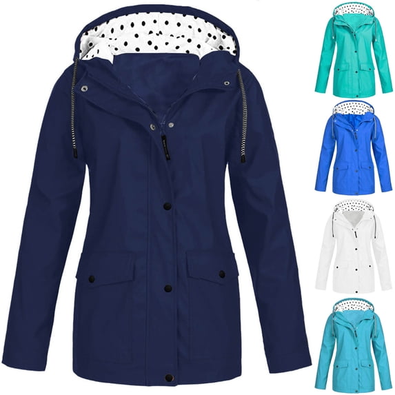 Eiyaclvo Long Rain Coat for Women with Polka Dots Lined Hooded Waterproof Rain Jacket Lightweight Long Sleeve Zip Up Utility Jackets Windbreaker