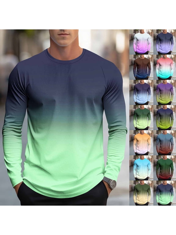 Long Sleeve Shirts for Men Gradient T-Shirts Fall Casual Crew Neck Lightweight Tops